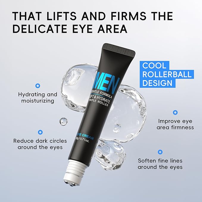 AKARY Caffeine Eye Roller for Bags for Men, Men’s Triple-roller Massage Under Eye Cream for Puffy Eyes and Dark Circles, Hydrating, Softening, Improving, Firming for Fine Lines, Puffiness Reducer