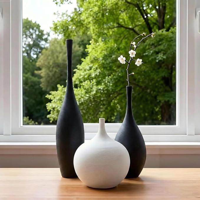 Relexome Black and White Ceramic Vase Modern Wabi-Sabi Flower Vase Set of 3 Decorative Aesthetic Vases for Centerpieces Matte Minimalist Vases for Living Room Table Shelf Home Decor Gift