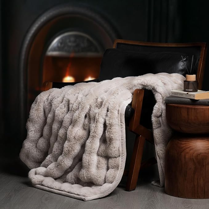 Faux Rabbit Fur Bubble Throw Blanket, 50"x60", Taupe | Ultra Soft, Luxury Faux Rabbit Fur Throw, Thick Warm Bubble Blanket, Cozy Fluffy Reversible, for Bed, Couch, Chair, Sofa