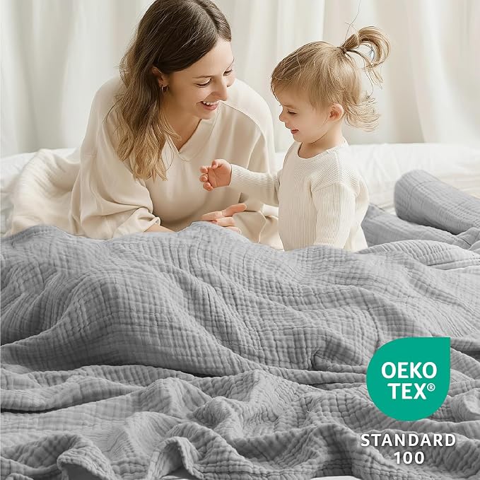 100% Cotton Muslin Blanket King 108" x 90", Breathable and Lightweight Cotton Throw Blankets for Bed, Soft Cooling Summer Gauze Blanket for Adults All Season, Light Grey
