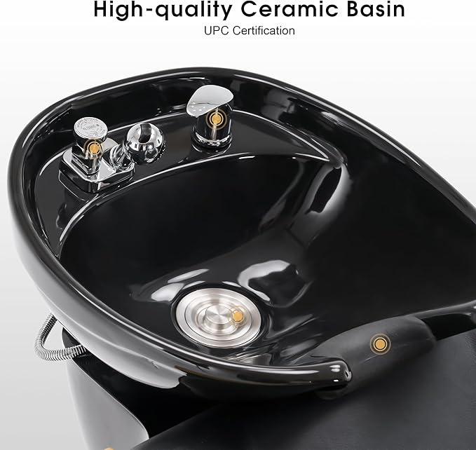 BarberPub Ceramic Bowl Shampoo Chair Extended Ceramic Shampoo Bowl Sink Chair Station for Spa Beauty Salon Professional Hair Salon Equipment 9073 (Black)