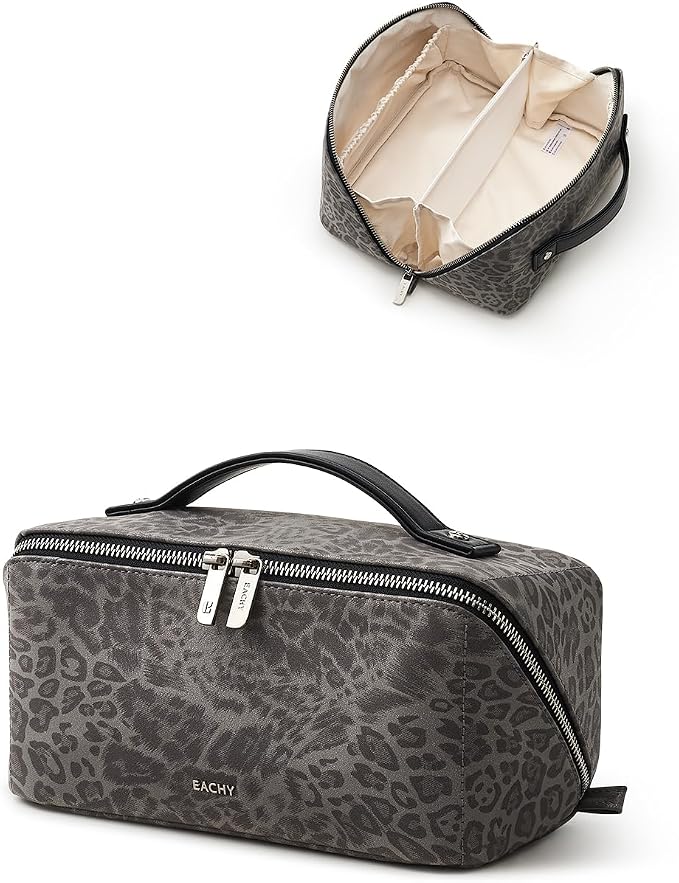 EACHY Travel Makeup Bag, Large Capacity Cosmetic Bag for Women, Waterproof PU Leather, Flat Open Portable Toiletry Bag for Skincare, Brushes & Travel Essentials