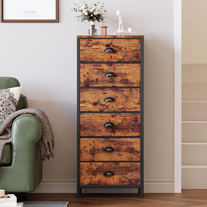 Dresser for Bedroom, 6 Bins Tall Fabric Storage Drawers | Rustic Brown Chest of Drawers , Metal Frame, Wood Top,Tall Nightstand for Dorm,Closet, Bedside Furniture in Living Room