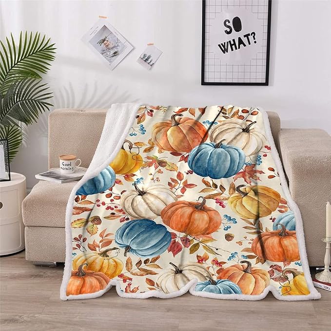 Fall Pumpkins Throw Blanket, Autumn Orange White Blue Pumpkins Leaves and Berries Soft Warm Fleece Blanket for Living Room Couch Bed Chair or Dorm, 40"x50"