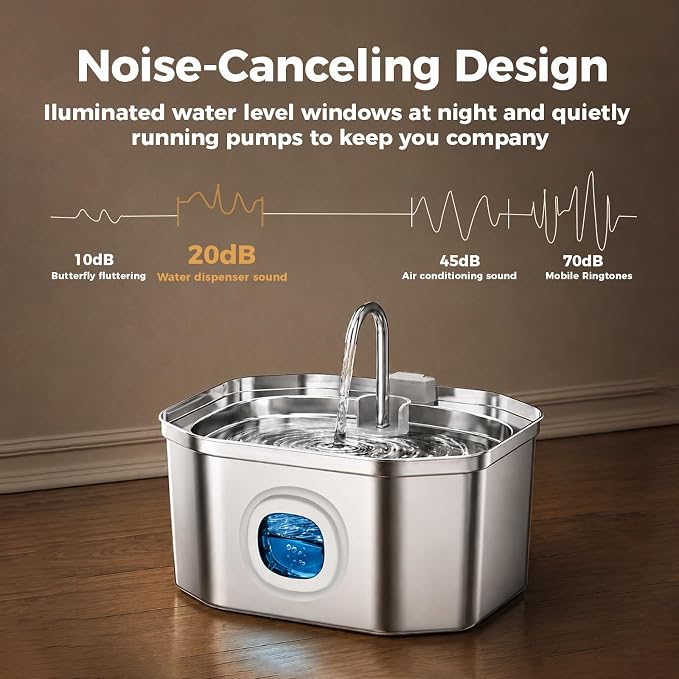 Cat Water Fountain, Apauk 108oz/3.2L Silent cat Water Fountain Stainless Steel, Cat Fountain, Automatic Pet Water Fountain,Dog Bowl, Controllable Blue Light - (6 Filters& 6 Sponges)