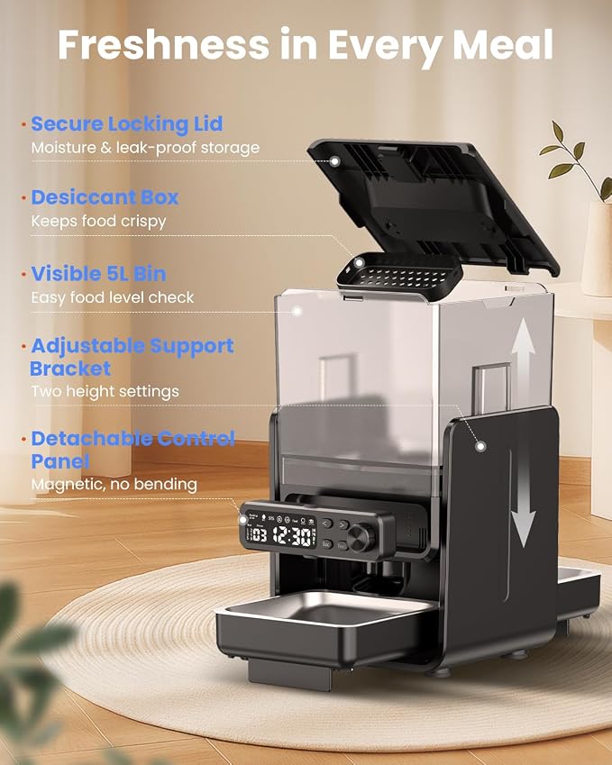 Automatic Cat Feeder for 2 Cats, 5L/20 Cups Food Dispenser with Adjustable Raised Double Bowls, Detachable Control Panel, Timed Cat and Dogs Feeder for Dry Food, Dual Power Supply