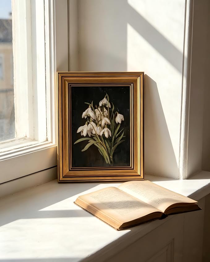 Gold Framed Wall Art, Vintage Snowdrop Flower Canvas Prints, Old World Botanical Still Life Picture Wall Decor, Moody Dark Academia Rustic Floral Artwork for Living Room Bedroom 9x11 inch