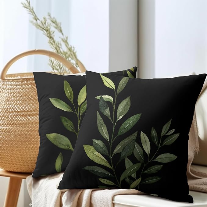 Kawani Green Leaf Throw Pillow Covers 22x22 Inch Set of 2 Spring Summer Plant Leaves Black Decorative Pillow Cases Double Side Printed Cotton Linen Cushion Cover for Couch Sofa Home Decor