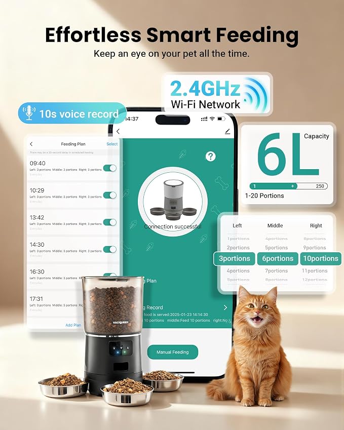 Automatic Cat Feeder for 3 Cats with WiFi Control, Anti-Jam System, 6L | Fresh-Keeping Cat Food Dispenser with Dual-Effect Desiccant System, 10S Voice Recorder for Cats and Small Dogs