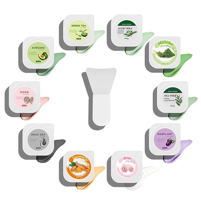 ClayCo! 10 Piece Clay Mask Variety Kit for Men & Women Facial and Skin Care, Clay Face Mask Set (Rose, Rose Jelly, Matcha, Turmeric, Dead Sea, Green Tea, Aloe Vera, Avocado, Eggplant, Tea Tree)