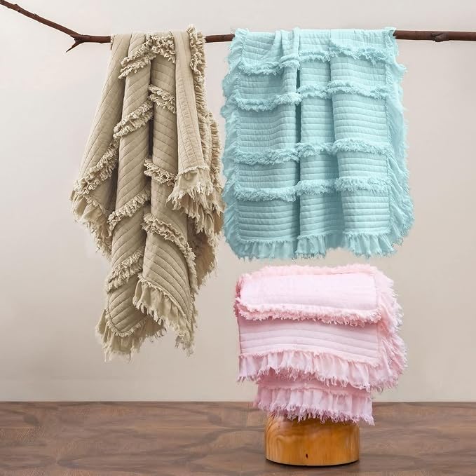 Ultra Soft Pre-Washed Quilted Boho Pink Twin Size Blankets for Bed, Ruffle Fringed Decorative Throw, Stone Washed Chic Rustic Blanket for Sofa Couch Bed, 60"*80"