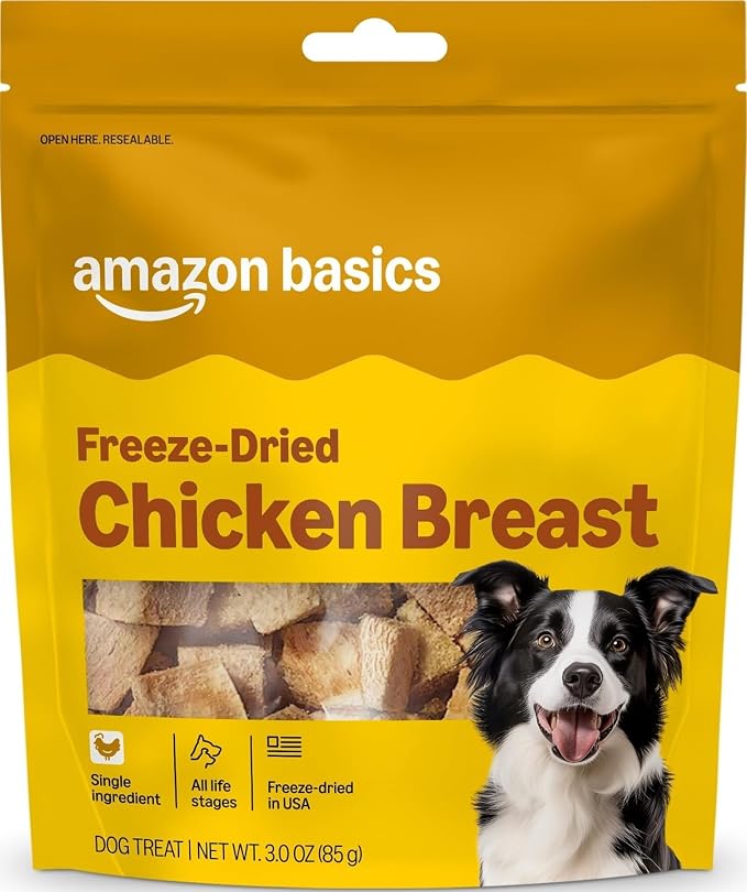 Amazon Basics Dog Treats Freeze Dried Raw Single Ingredient Chicken Breast, High Protein, Healthy Training Treats or Meal Topper for all Dogs, Grain-Free, 3 Oz (Pack of 1) (Previously Wag)