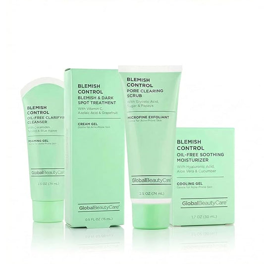 Global Beauty Care Blemish Control Skincare 4-Piece Kit- Facial Cleanser (2.5oz), & Scrub (2.5oz), Spot Treatment (0.5oz) & Facial Moisturizer (1.7oz)– Retinol, Vitamin C, Hyaluronic & Glycolic Acid