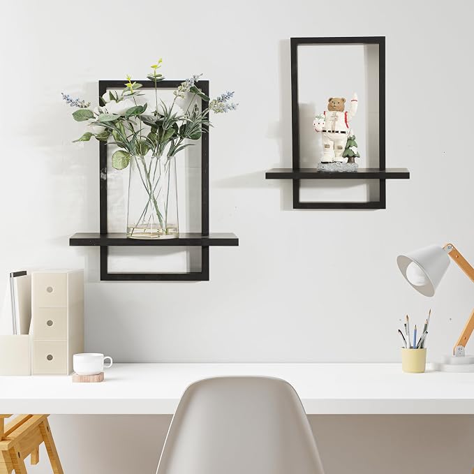 Floating Shelves for Wall,Decorative Wall Shelves Black,Plants Shelf Framed | Square Wall Decor,Art Sconces Artificial Vases Hanging Storage Shelf for Bathroom Living Room Modern Elegant,Wood,L+S