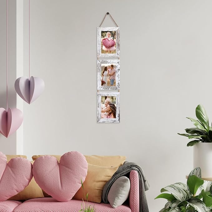QUTREY 4x6 Picture Frames Collage, 3 Openings 4 x 6 Vertical Hanging Photo Frames Display 4 by 6 inch Pictures for Wall Decor, Distressed White