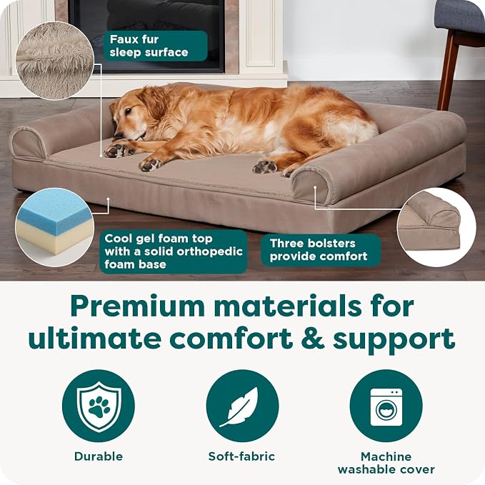 Furhaven Cooling Gel Dog Bed for Large Dogs w/ Removable Bolsters & Washable Cover, For Dogs Up to 95 lbs - Plush & Suede Sofa - Almondine, Jumbo/XL