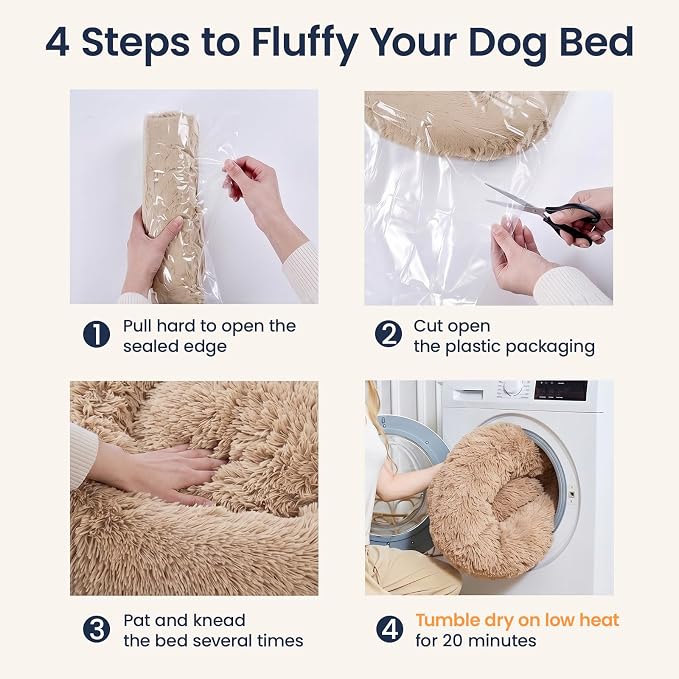 JOLLYVOGUE Calming Dog Beds Extra Large Sized Dog, 45in Donut Washable Large Pet Bed, Anti-Slip & Anti-Anxiety Fluffy Faux Fur Round Dogs Bed, Fits up to 125 lbs Pets (Camel)