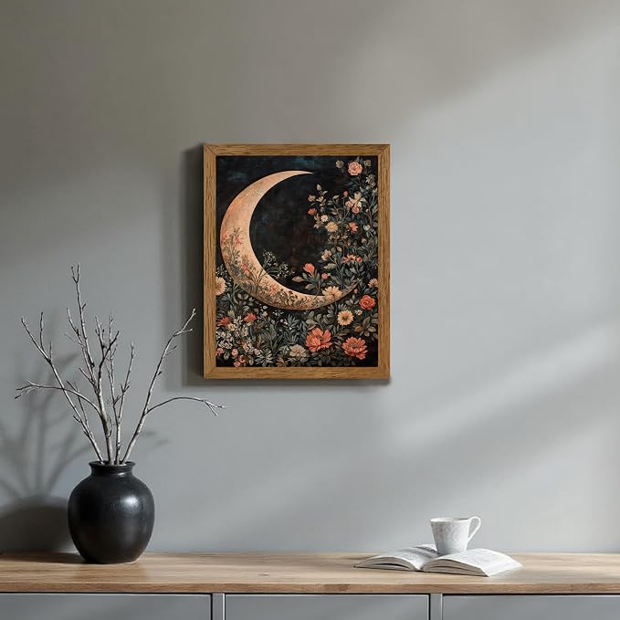 JLTULT Floral Moon Wall Art, Gothic Botanical Framed Canvas, 8 x 10 In | Dark floral moon art on fade-resistant canvas with a ready-to-hang wood frame for bedrooms, living rooms and bathrooms