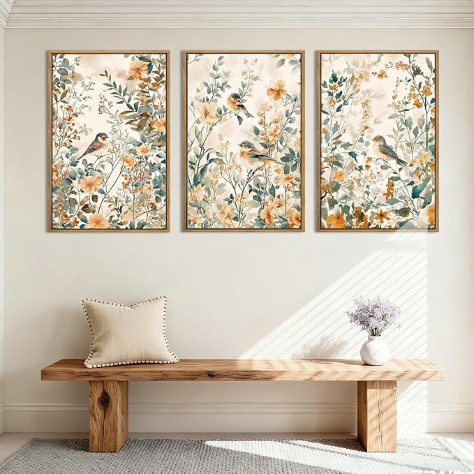 ANHUIB Large Vintage Floral Bird Framed Wall Art 16x24 Inch Beige Botanical Pictures Wall Decor Nature Wildflower Canvas Painting Set of 3 Retro Neutral Flower Artwork for Living Room Bedroom Barhroom