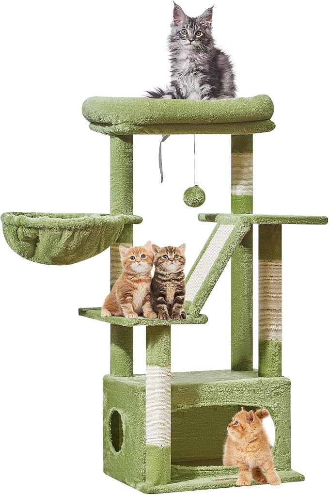 Taoqimiao Cat Tree, 38.5In Cat Tower for Indoor Cats, Suitable for Kittens | Thick Padded Top Perch, Luxurious Cat Condo, Adjustable Basket, 1-Piece Ramp Scratcher, 3 Sisal Posts, Green, MS029SGR