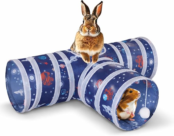 HERCOCCI Rabbit Toys, Collapsible Bunny Tunnels & Tubes 3 Way Rabbit Hideout Tunnel with Ball Toy for Bunny Guinea Pig Ferret Kitten