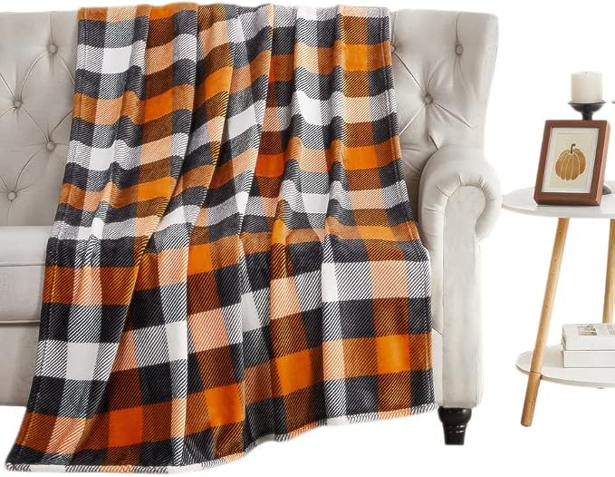 Fall Soft Fleece Throw Blanket, Orange Black White Plaid, 50x70 Oversized | Warm Cozy Fabric , Farmhouse Harvest Colors, For Living Room Sofa Couch Bed Chair Dorm Outdoors, Seasonal Gift or Home Décor
