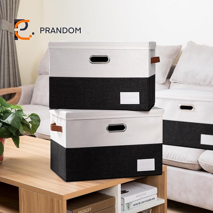 Foldable Storage Bins with Lids [3-Pack] Fabric Collapsible Storage Boxes Baskets Cubes Containers with Handles for Closet Living Room Bedroom (Black & White 17.7x11.8x11.8'')