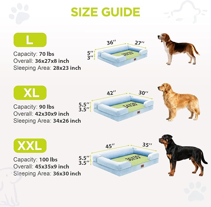 Waterproof Orthopedic Dog Bed for Extra Large Sized Dogs | Memory Foam Pet Bed Sofa with Bolster, Dog Couch with Washable Cover & Non-Slip Bottom, 45x35 Inch, Light Blue