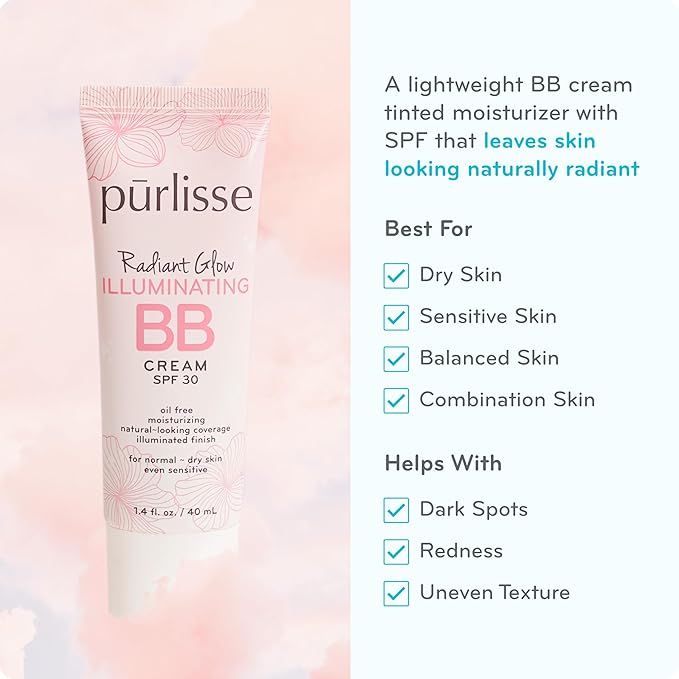 pūrlisse Radiant Glow Illuminating BB Cream with SPF 30 - Glow BB Cream Enriched with Goji & Hawthorn Berry for Dewy Skin - Helps to Improve Skin Texture & Radiance - Light (1.4 oz)