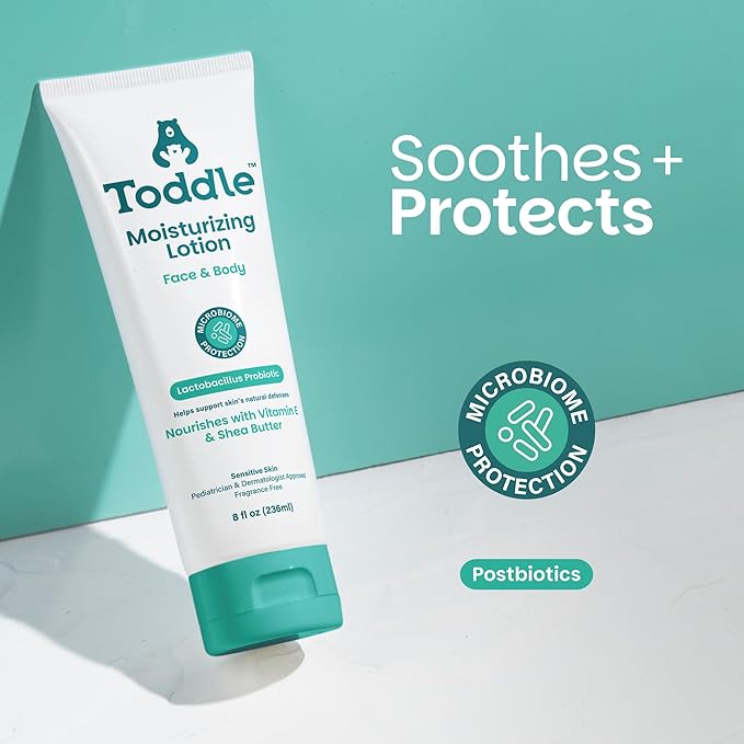 Toddle Probiotic Moisturizing Lotion for Face & Body, Eczema & Dry Skin Relief, Fragrance-Free with Vitamin E, Shea Butter for Sensitive Baby & Kids Skin, Pediatrician-Approved, 3.4oz