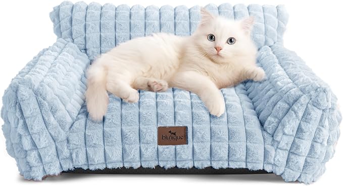 Cat Couch Bed with Fluffy Faux Rabbit Fur for Indoor Cats, 24 Inch | Cute Fuzzy Pet Sofa With Washable Cover For Puppy Kitten, Suppportive Cozy Pets Couch in 3D Diamond Pattern, Light Blue