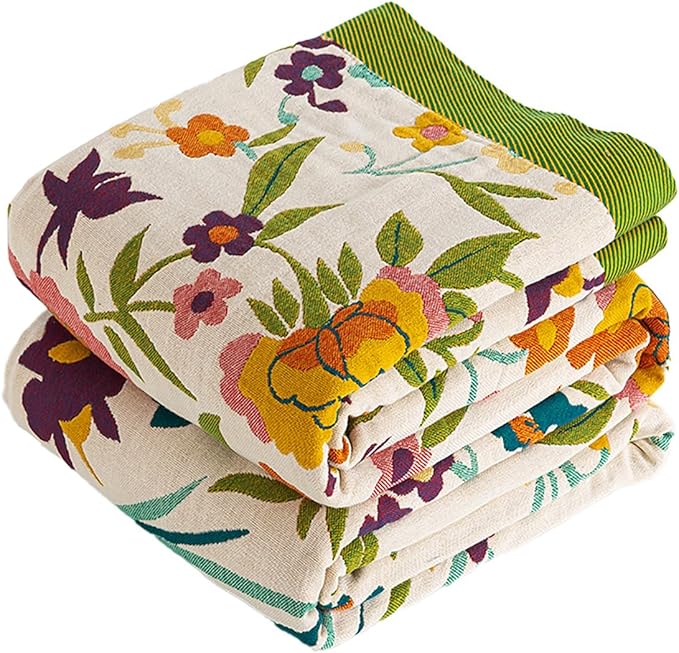 VANJOROY Boho Throw Blanket, 100% Organic Cotton Breathable Ultra Soft 80" x 90" Bed Quilt Throw - All Season Floral Rustic Farmhouse Decor Luxury Reversible Blanket for Sofa Couch Chair and Gift