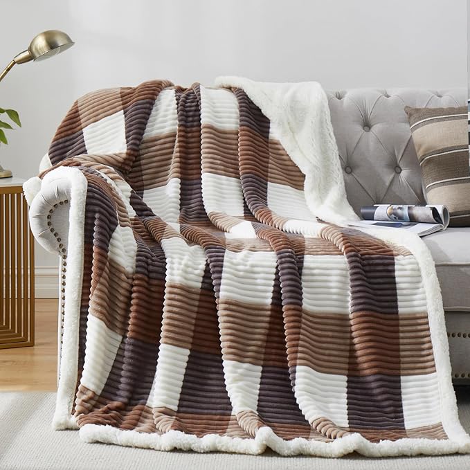 PU MEI Sherpa Blanket Full/Queen Plaid Thick Bed Blanket, 90”*80” Super Soft Flannel Fuzzy Fleece Reversible Velvet Plush Warm Blanket for Couch(Beige Check, 80"*90")