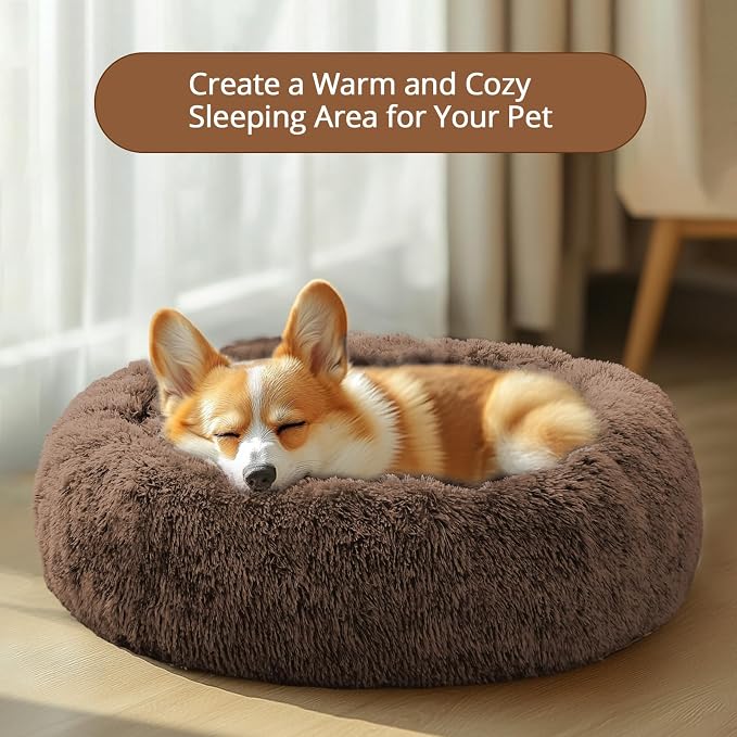 JOLLYVOGUE Calming Small Dog & Cat Bed for Indoor Cats - 20 inches Washable Donut Bed for Kittens & Puppies, Anti-Anxiety Round Fluffy Plush Pet Beds (Fits up to 15 lbs, Coffee)