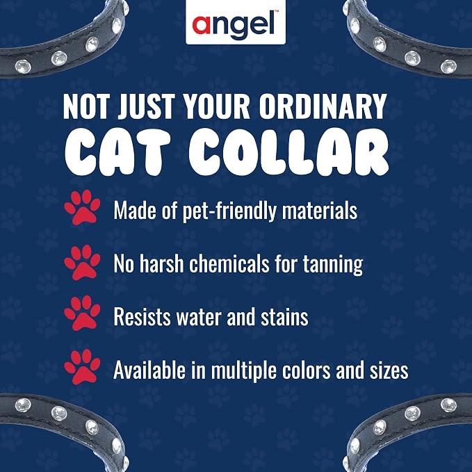 Athens Cat Collar, Leather Kitten Collar w/Rhinestones, Sturdy Breakaway Cat Collar with Bell & Elastic Stretch, Cat Accessories, Midnight Black, 10 x ½ inches - Angel Pet Supplies