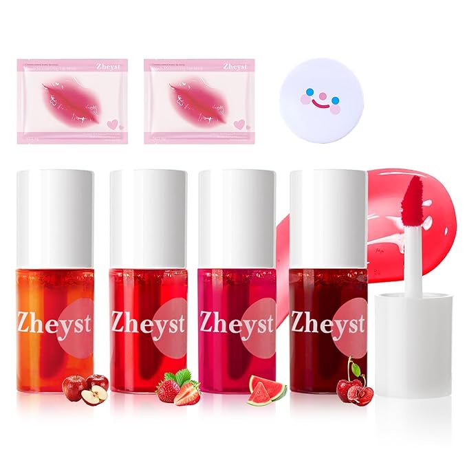 Lip Tint Stain Set – 4 Colors High Shine Gloss with Vitamin E Non-Sticky Hydrating Lip and Cheek Tint Stain Waterproof Lip Stain Long Lasting Formula Water Tint Lip Stain for Women Moisturizing Glow