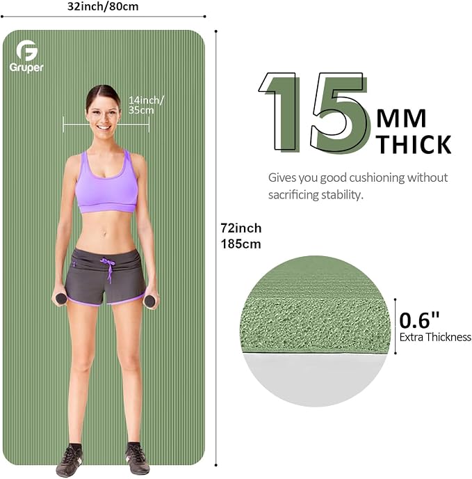 Gruper Yoga Mat Non Slip NBR Extra Thick Yoga Mat, 72"L x 32"/24"W x 0.6"/0.4"TH (185cm x 80cm/61cm x 15mm/10mm), Anti-Tear Exercise Mat with Carrying Strap and Bag, Workout Mats for Yoga, Pilates
