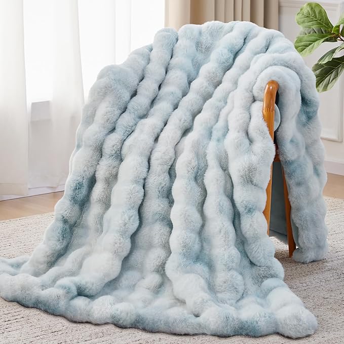 Anysay Faux Fur Throw Blanket, 1000GSM Fluffy Soft Bubble Blanket 80''*90'' | Cozy Plush Warm and Thick Blanket for Couch Bed, Fuzzy Rabbit Throw for Living Room Bedroom Tie-dye Blue