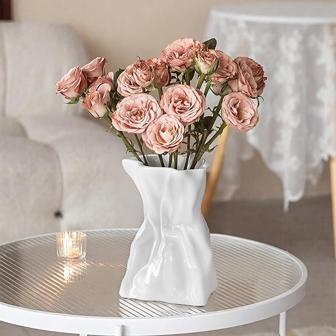 7.6 Inch Thick Crinkled Paper Bag Vase White Ceramic Vase for Home Decor, Unique Glossy Flower Vases for Dining Table, Shelves, Entryway, Living Room, Boho Decorative Vases for Flowers, Gift