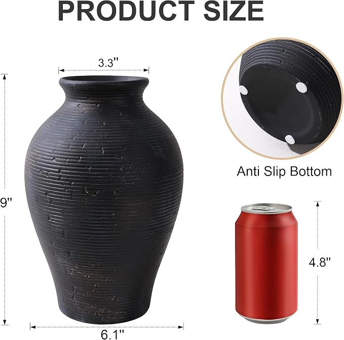 Ceramic Flower Vase Home Decor, 9 in Farmhouse Table Vases Rustic Vintage Living Room Kitchen Bedroom Pottery Decorative Vases for Flowers House Shelf Office Coffee Desk Dining Entryway, Black Gold
