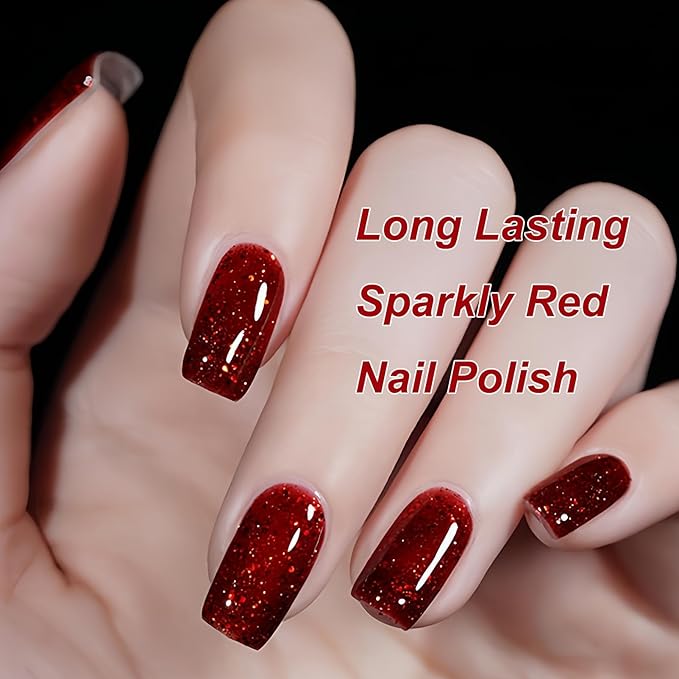 Red Glitter Nail Polish, 12ML Sparkly Burgundy Wine Red with Fine Glitter, Quick Dry Air Dry, Shiny Finish for Women Girls, No UV Needed