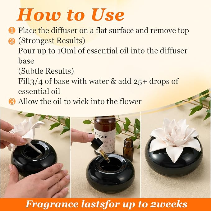 Honeydak 1 Pcs Ceramic Essential Oil Diffuser, Non Electric Reedless Passive Porcelain Flower Aromatherapy Diffuser, Decorative Floral Design Tabletop Office Home Bathroom Decor (Magnolia)