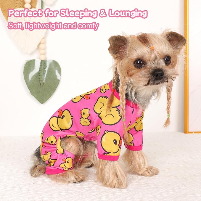 DaFuEn Dog Pajamas for Small Dogs, Soft Stretchy 4 Legs Puppy Jumpsuit, All Season Cozy Pet PJs for Chihuahua Yorkie Teacup Dogs, Cat Clothes (Red Duck, M)
