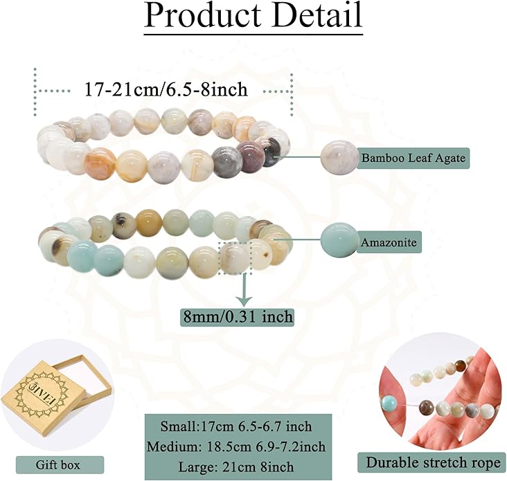 Bivei Natural Gemstone Semi Precious Healing Crystals Handmade Stretchy Round Beads Bracelet,Stocking Stuffers for Women Enhance Positive Energy