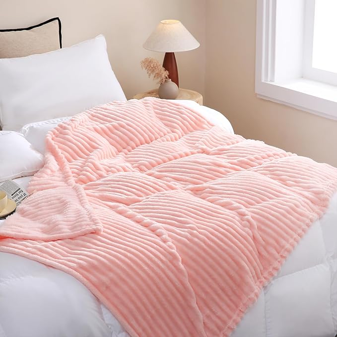Light Pink Fleece Throw Blanket 60”×80” for Couch Sofa Livingroom | Super Soft Cozy Plush Microfiber Flannel Bed Blanket Striped Design Lightweight Home Decor Gifts for Adults Mom Women