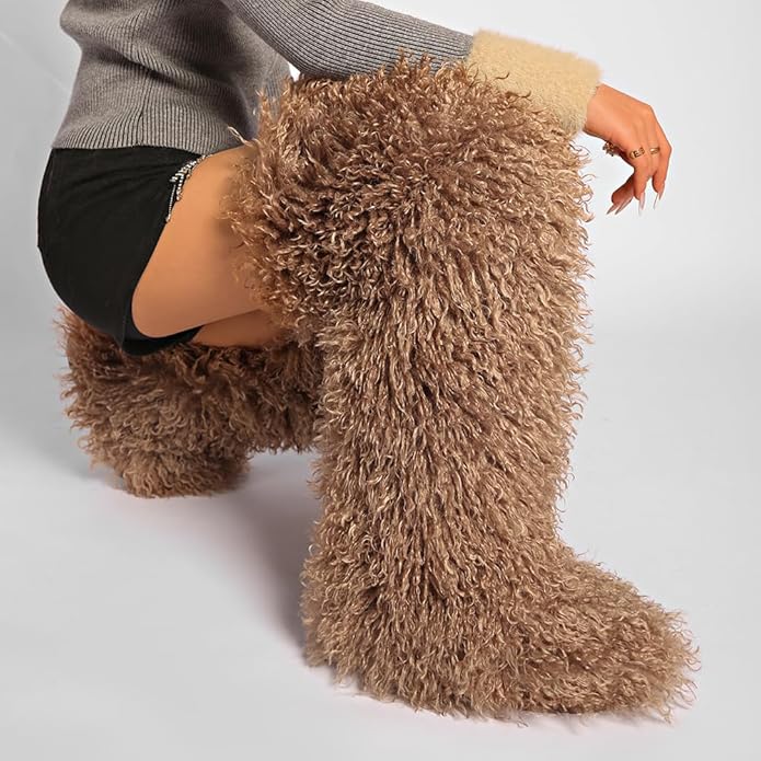 SWEETHEART BEAUTY Thigh High Shagy Teddy Fur Boots, 29 Inch Over the Knee Length Fluffy High Boots, Tall Furry Shoes For Women