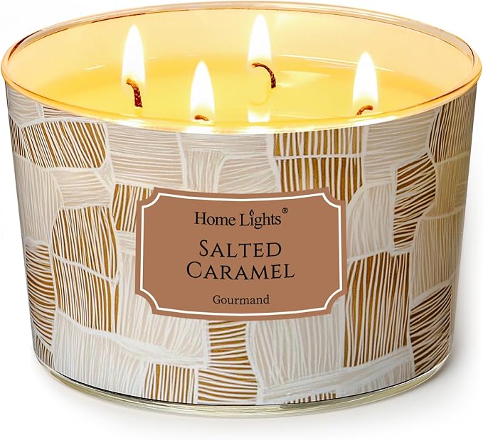 HomeLights Soy Wax Candles for Home Scented, 4-Wick Candles in Salted Caramel Scented, Rustic Modern Aromatherapy Candles Gift for Parties, Relaxing, 18oz