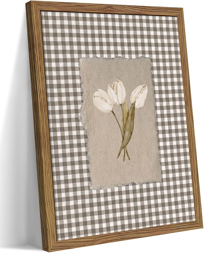 Vintage White Tulips Framed Canvas Wall Art – Brown Gingham Botanical Painting Print, Rustic Farmhouse Floral Picture for Living Room Bedroom Nursery Office Home Decor 24x16 inch
