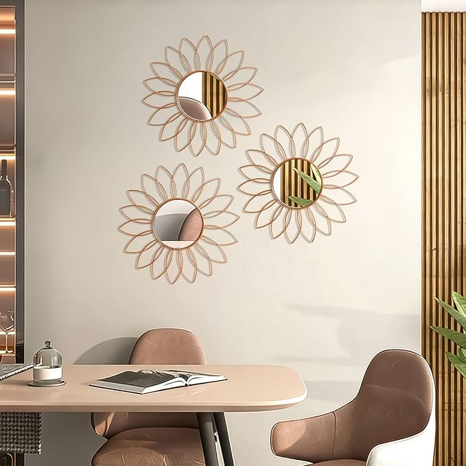 3 Pack Metal Mirrors for Wall Sunburst Wall Mirrors Home Décor Decorative Hanging Wall Art for Living Room Bedroom Entryway (Rose Gold2, Flowers)
