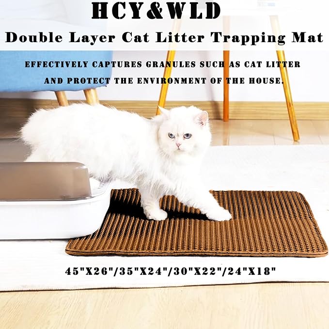 HCY&WLD Cat Litter Mat, Double Layer Cat Litter Box Mat (24x18 Inch, Brown) | Waterproof Urine-Proof Non-Slip Litter Trapping Mat, Soft on Kitty Paws, Scratch-Resistant, Scatter Control, Easy to Clean